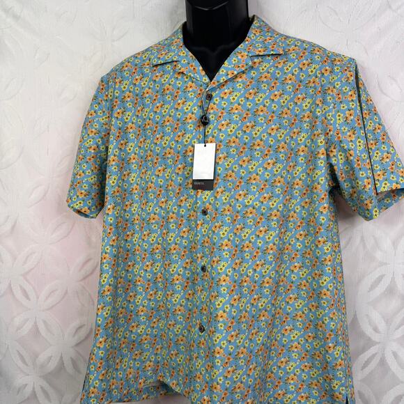 Quieti Performance Button Down Floral Short Sleeve Blue Shirt Size XL NWT - Picture 2 of 8